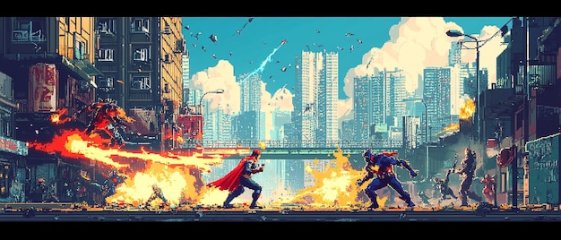 Photo epic superhero battle in the heart of a city