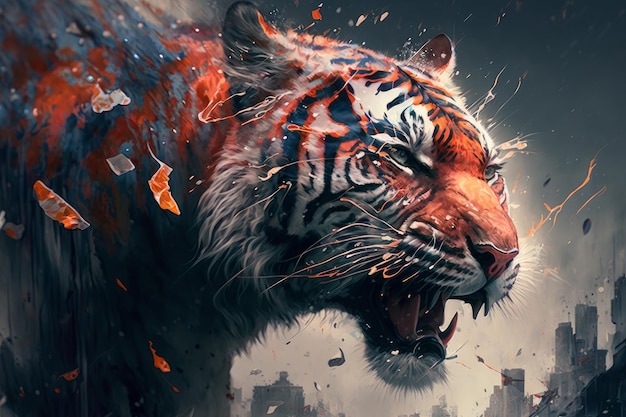 Epic tiger head illustration Portrait of a tiger in the night