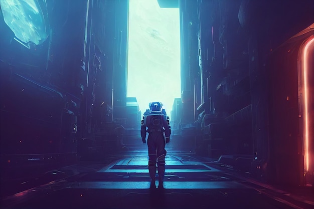 Epic woman astronaut illustration cinematic portrait cyberpunk astronaut dramatic lighting epic space Futuristic image exploring space and galaxies AI Neural Network Computer Generated Art