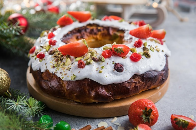 Epiphany cake, Kings cake, Roscon de reyes or Rosca de reyes. Traditional spanish christmas cake.