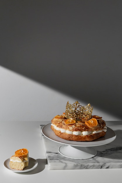 Epiphany day dessert with copy space and dried citrus