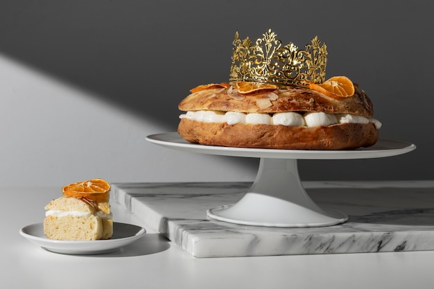 Epiphany day dessert with crown and dried citrus