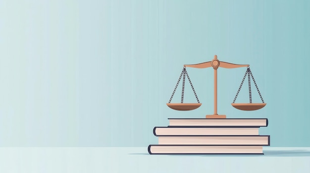 Photo equal weights on justice scales with a book knowledge and fairness flat design illustration