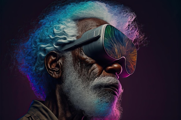 Equality inclusion and diversity in the metaverse African Senior man in virtual reality glasses headset in ageinclusive Metaverse AI generative