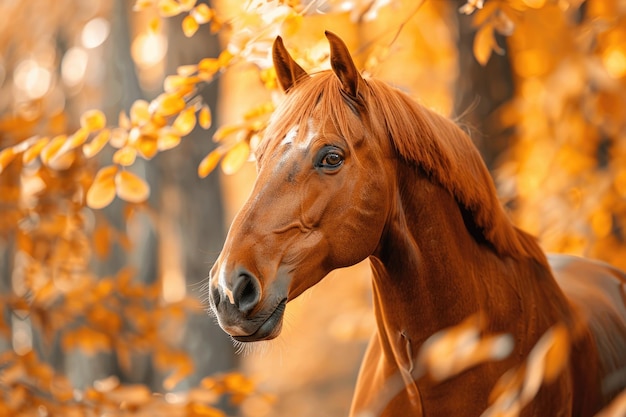 Photo equestrian fall portrait of don breed horse in autumn with autumn leaves background