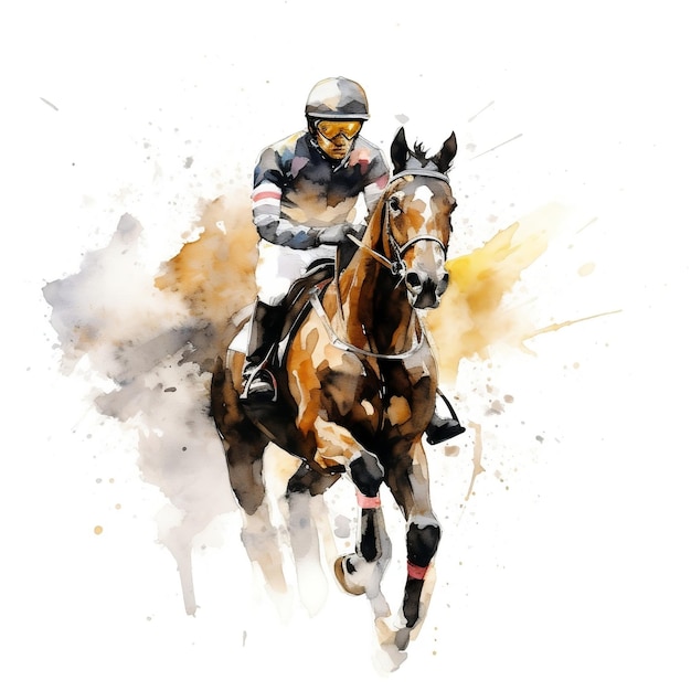 An equestrian mounted atop their horse engaged in a competitive race while a dynamic paint splash illustration captures the exhilarating movement Ai Illustration