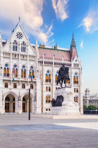 Equestrian statue of Gyula Andrassy at Lajos Kossuth Square in front of the Hungarian Parliament in