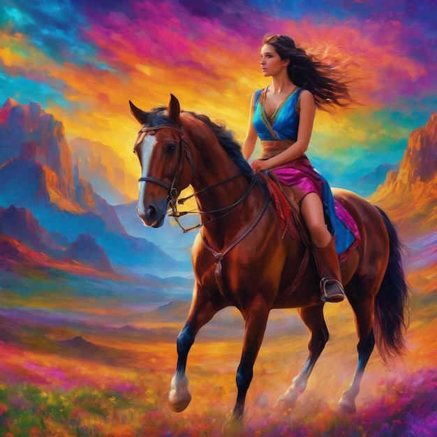 Equestrian woman riding horse across sandy desert