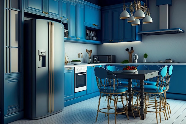 Equied kitchen in home interior blue with stylish furniture