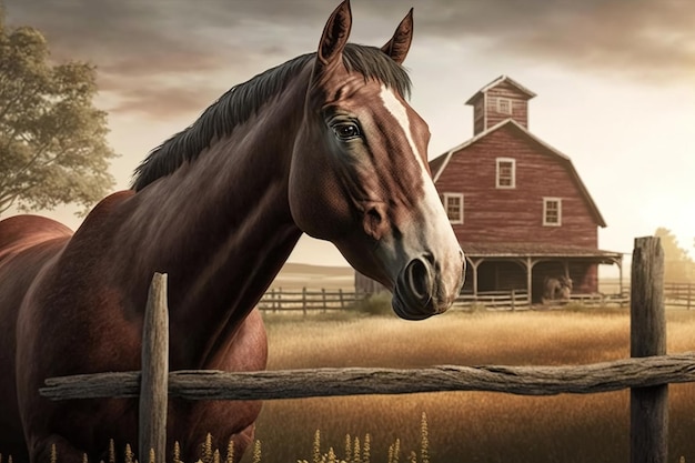 Equine farm Horse on the background of a rural house AI generated