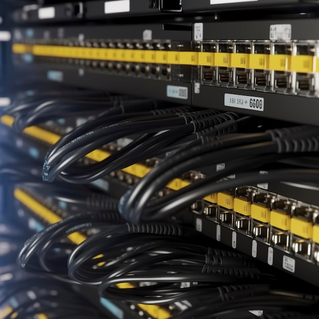 On the equipment end there are tidy network cables with labels labels that have barcodes single colo