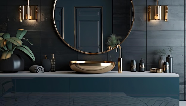 an era and mirror and gold and chrome sink