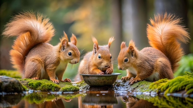 Erasian Red Squirrel Sciurus vulgaris three squirrels in a forest eating and drinking