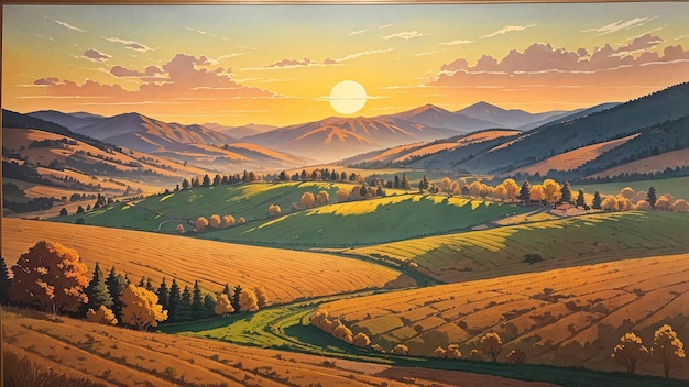 erene countryside rolling hills a lone oak tree in the middle warm sunset light distant mountain