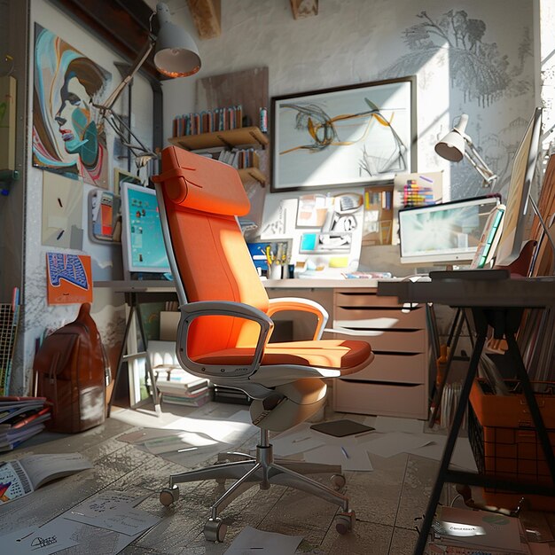 Photo ergo chair in creative studio vibrant artistic workspace