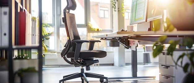 Photo an ergonomic home office chair paired with an adjustable standing desk setup