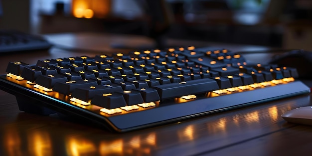 Photo ergonomic sleek keyboard illuminated by soft backlight in contemporary office setting concept product photography technology office space ergonomic design lighting effects