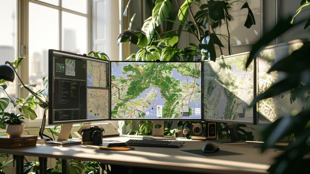 Photo an ergonomic workspace featuring multiple monitors displaying map data accompanied by lush plants and a bright airy environment