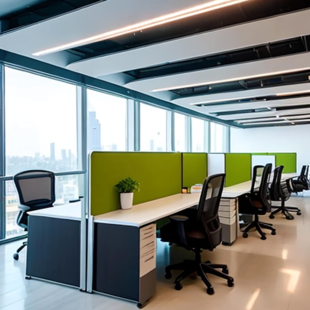 Ergonomically designed office with standing desks and greenery for wellbeing