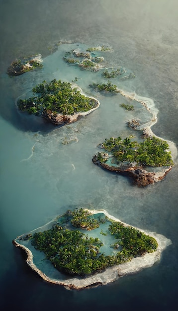 Erial view of small exotic atoll islands in the open ocean sea Beautiful nature 3D illustration