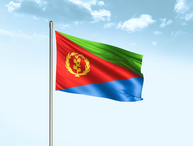 Eritrea national flag waving in blue sky with clouds Eritrea flag 3D illustration