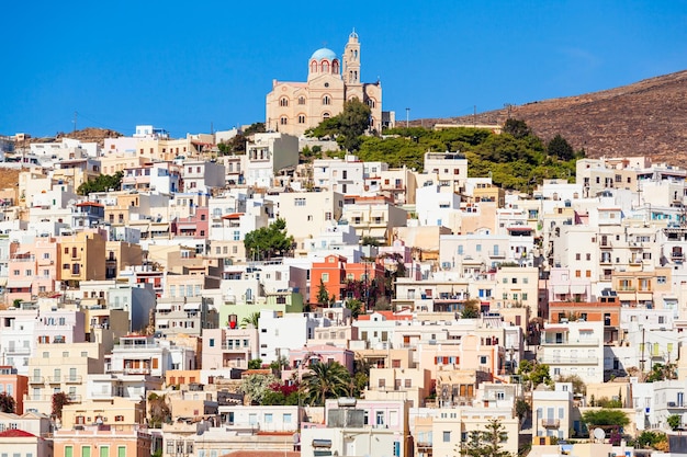 Ermoupoli city on the Syros island. Syros or Siros is a Greek island in the Cyclades, in the Aegean Sea.