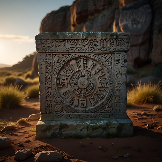 Photo eroded stone pedestal with ancient carvings and glowing symbols etched into surface creating