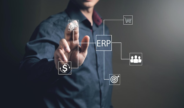 ERP Enterprise resources planning system software business technology Man tapping on the screen