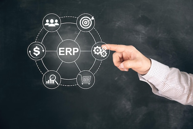 ERP Enterprise resources planning system software business technology Man tapping on the screen