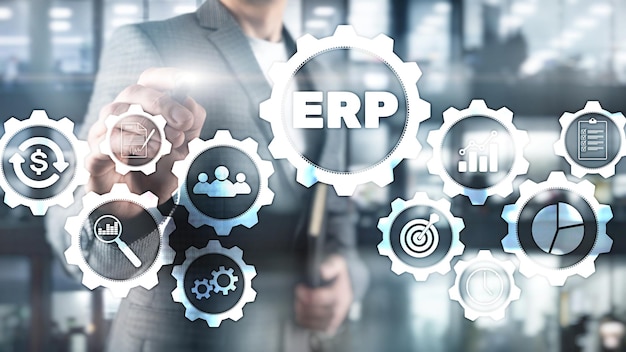 ERP system Enterprise resource planning on blurred background Business automation and innovation concept