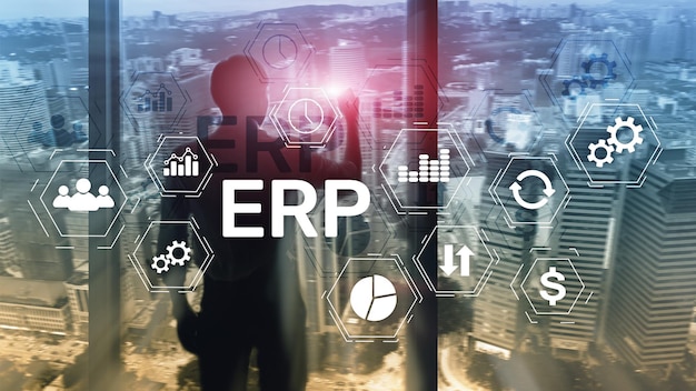 ERP system, Enterprise resource planning on blurred background. Business automation and innovation concept.