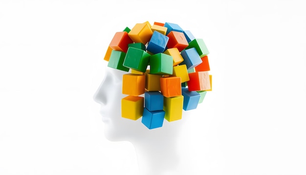 Photo erp therapy exposure and response prevention head model with colored cubes isolated with white