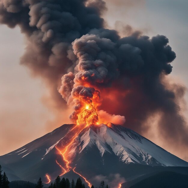 Erupting mountain spews fiery ash into the sky generative ai