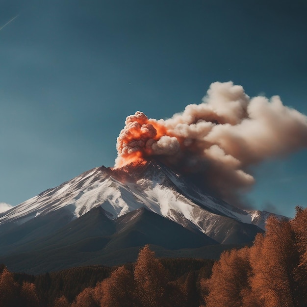 Erupting mountain spews fiery ash into the sky generative ai