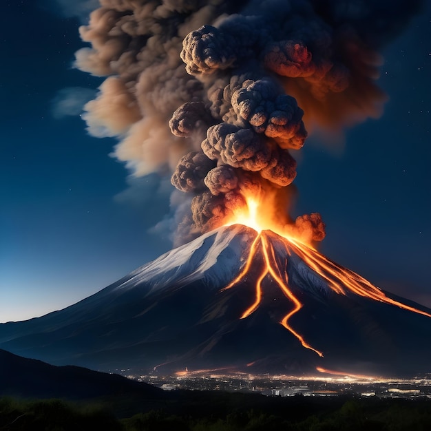 Erupting mountain spews smoke flame ash destruction danger and pollution