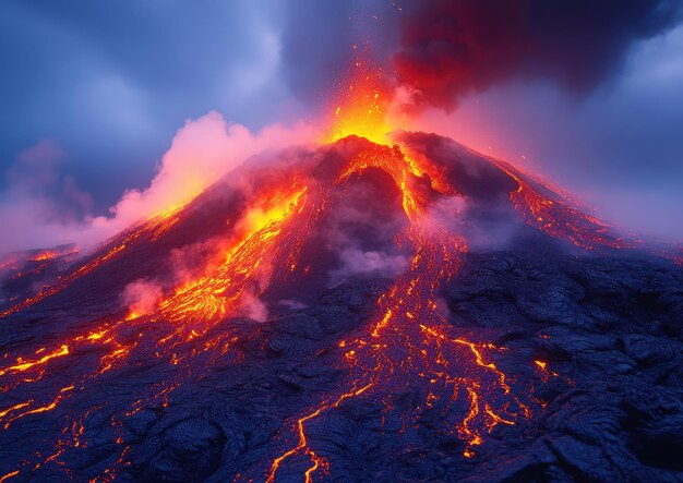 Erupting volcano lights up the night sky with flowing lava and billowing smoke during a spectacular natural display