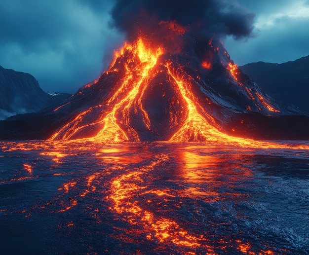 Erupting volcano reveals glowing lava and black smoke in a vibrant display over the ocean under a blue sky