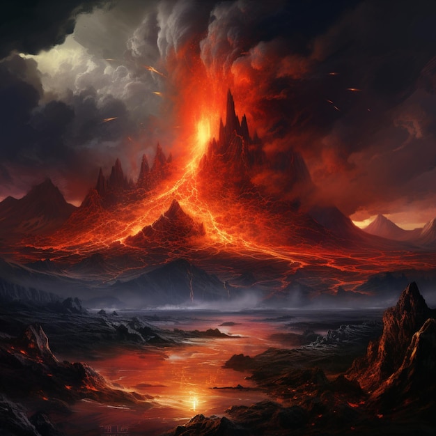 An erupting volcano with rivers of lava flowing across the landscape third image