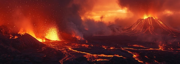 Photo erupting volcanoes with lava flowing over dark landscape