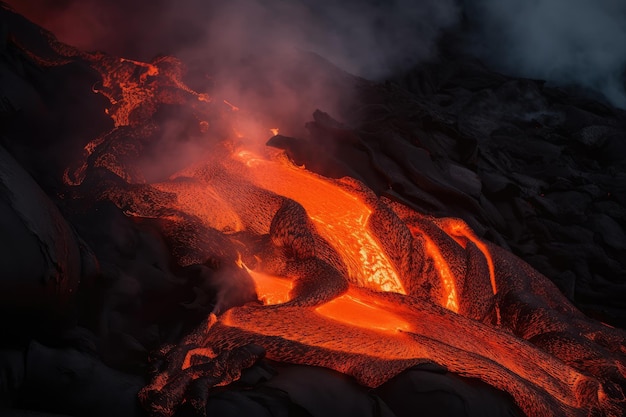 Eruption of fiery lava flowing down the side of a mountain