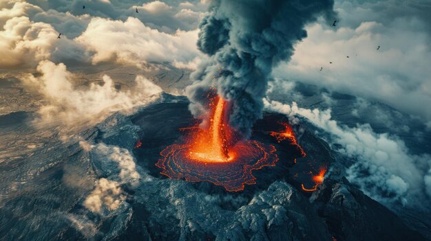 Eruption of a Volcano with Lava Flowing from the Crater