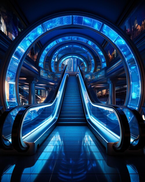 An escalator illuminated by blue lights in a sleek and modern building