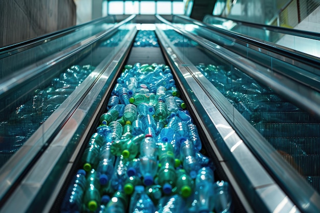 Escalator with Plastic Bottles for Recycling at PET Plant