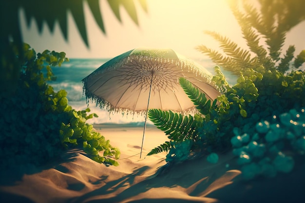 Escape to the beach with a tropical summer background featuring an umbrella and lush fern leaves