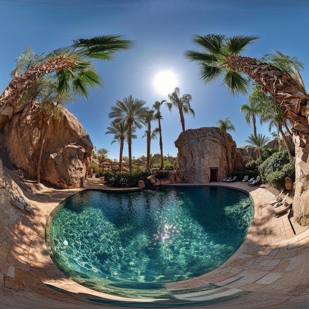 Photo escape to paradise 360 desert oasis with crystalclear pool and palm trees