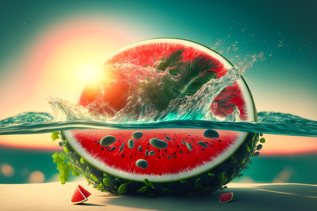 Escape to the seaside with a summer background of watermelon, palm trees, shell, water splash