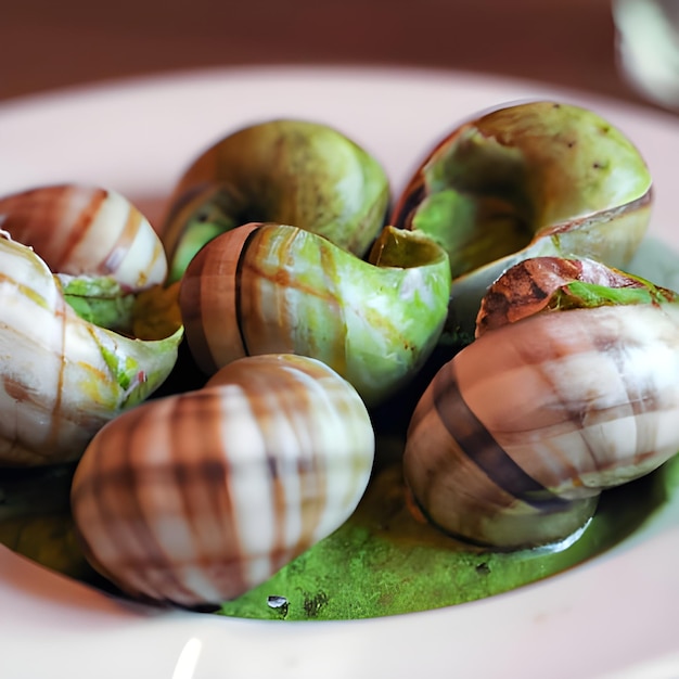 Escargots de Bourgogne Snails with butter herbs and garlic in a plate closeup