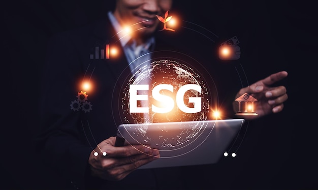 ESG concept Man ESG icon for Environment Social and Governance World sustainable environment concept