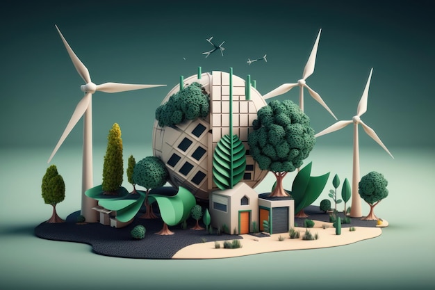 ESG green energy sustainable industry with windmills and solar energy panels AI Generation