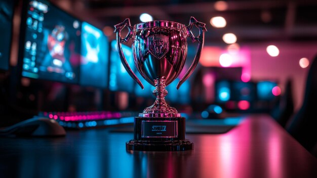 Esports Championship Trophy on Gaming Setup Generative AI